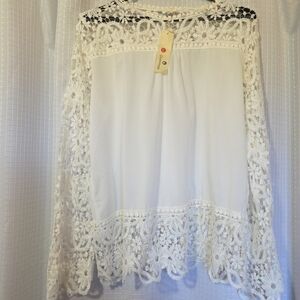 Oioninos Boho White Long Sleeve Crochet Floral Lace & Sheer Blouse Size XL
